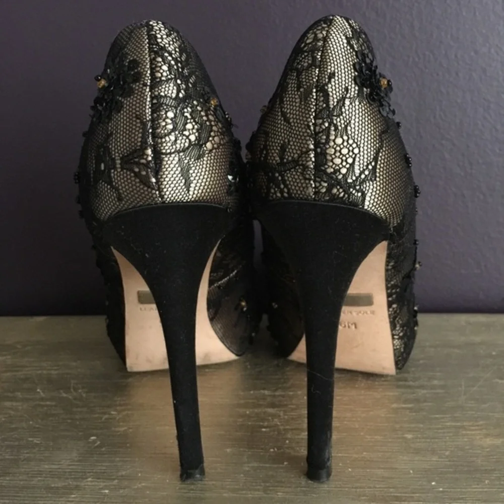 Badgley Mischka Women’s Stella Black Lace Embellished Feminine Heels Open Toe 6